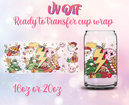 UV DTF Ready to Transfer Cup Wraps - Groovy Christmas Design DIY 16oz and 20oz Prints - Libbey Glass Can - Customizable