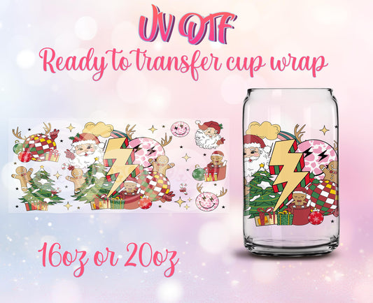UV DTF Ready to Transfer Cup Wraps - Groovy Christmas Design DIY 16oz and 20oz Prints - Libbey Glass Can - Customizable