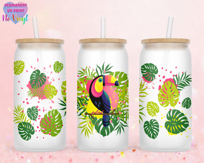 UVDTF Customized Glass Cup 16oz - Toucan Tropical Design - Clear or Frosted - Bamboo Lid - Customized Gifts