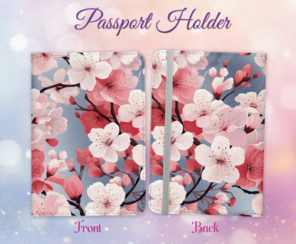Cherry Blossom Flower Design Passport Cover - Sakura PU Leather Wallet Card Holder For Document - Custom Gift