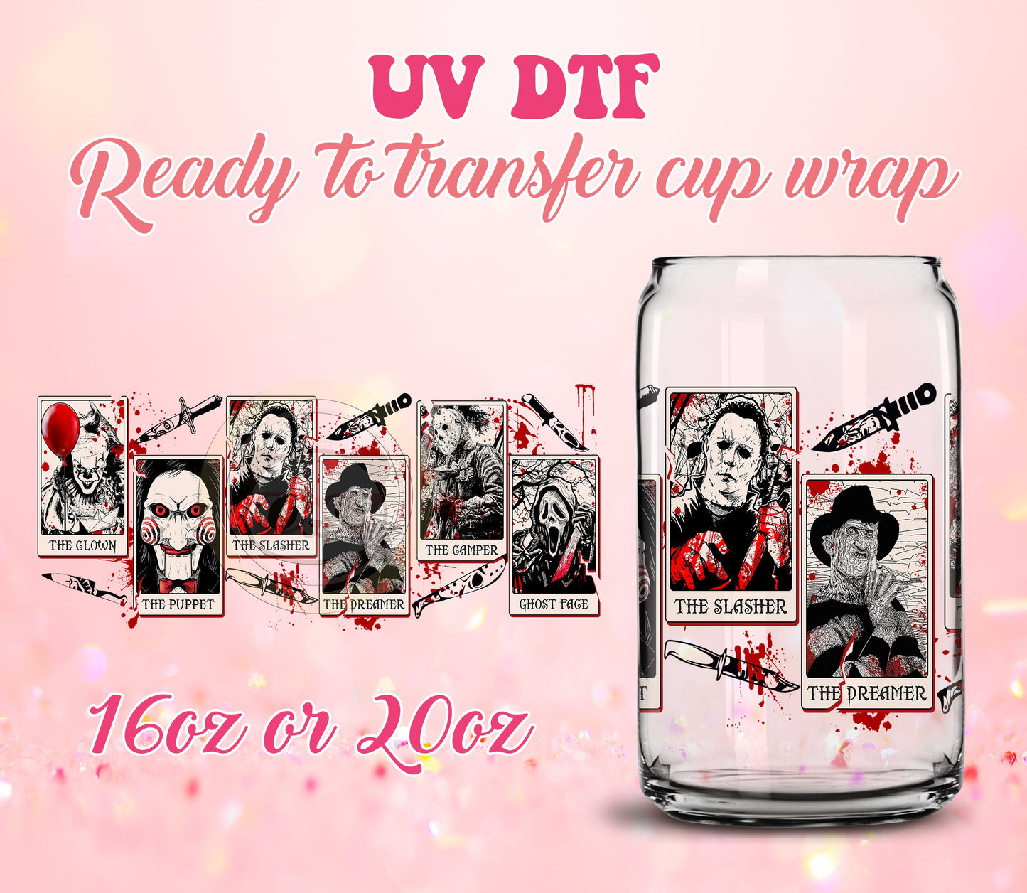 UV DTF Cup Wrap - Ready to Transfer  Halloween - Horror Figures Design DIY 16oz and 20oz Prints - Libbey Glass Can - Customizable
