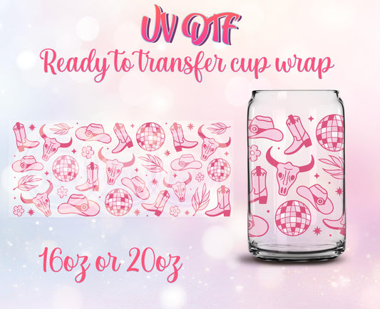 UV DTF Cup Wrap - Ready to Transfer - Disco Cowgirl - Western Design DIY 16oz and 20oz Prints - Libbey Glass Can - Customizable