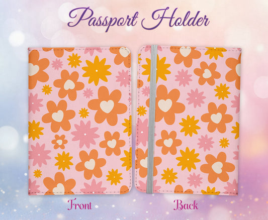 Retro Groovy Flower Design Passport Cover - 70s 80s PU Leather Wallet Card Holder For Document - Custom Gift