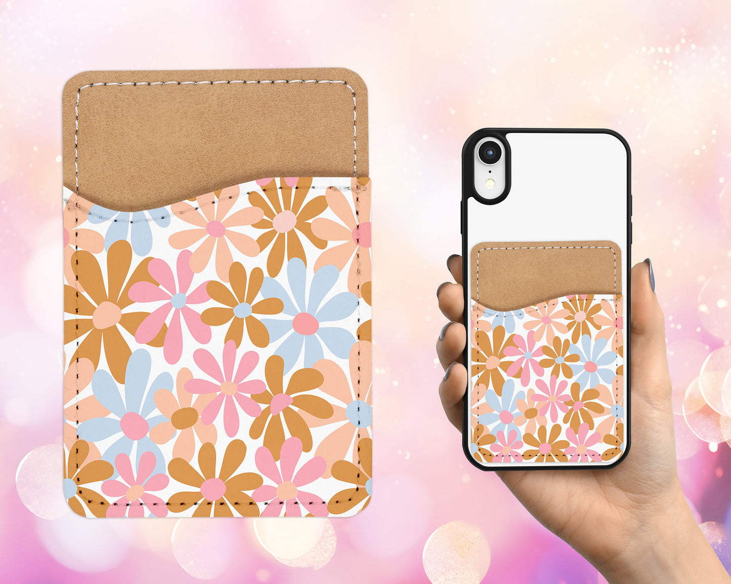Flower Design Phone Wallet - 70s 80s Retro Adhesive PU Leather Card Holder For Phone - Custom Gift - Stick on Pocket - Card Caddy