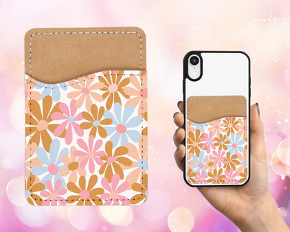 Flower Design Phone Wallet - 70s 80s Retro Adhesive PU Leather Card Holder For Phone - Custom Gift - Stick on Pocket - Card Caddy