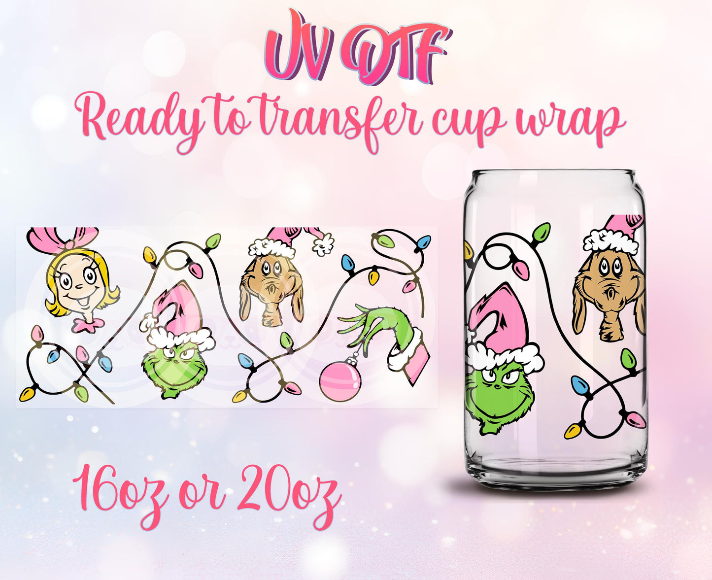 UV DTF Ready to Transfer Cup Wraps - Christmas Design DIY 16oz and 20oz Prints - Libbey Glass Can - Customizable