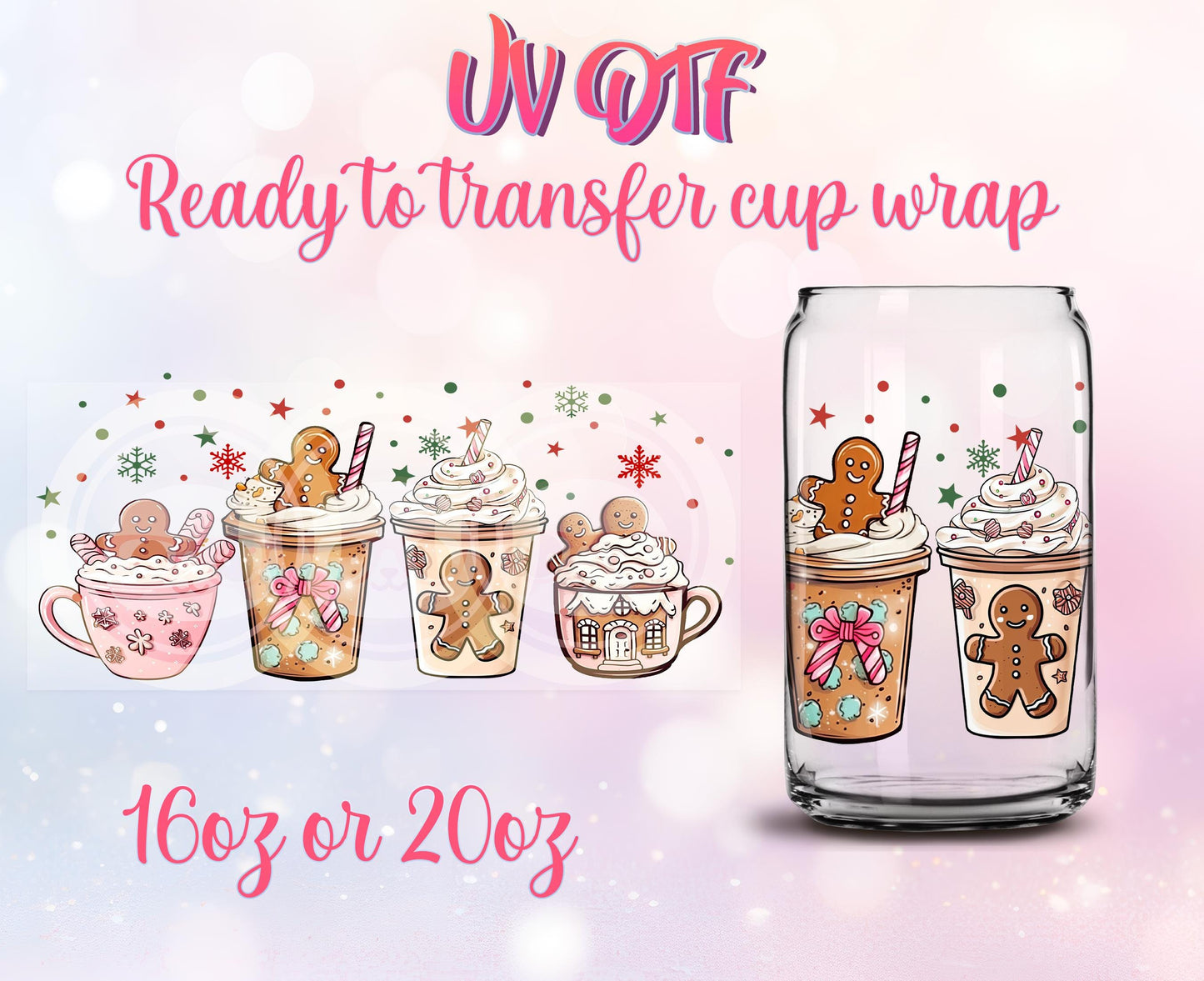 UV DTF Ready to Transfer Cup Wraps - Ginger Cookies - Christmas Design DIY 16oz and 20oz Prints - Libbey Glass Can - Customizable