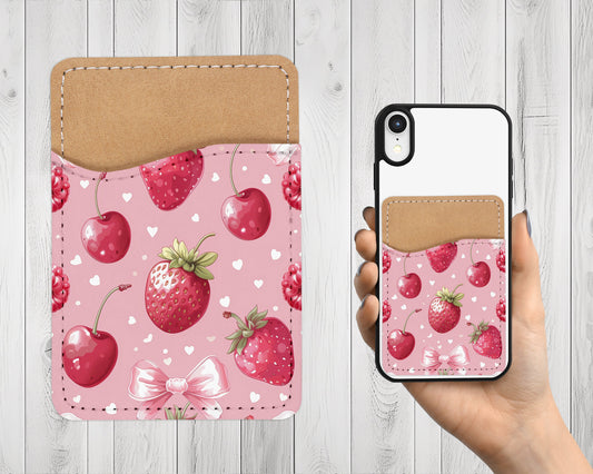Coquette Strawberry Phone Wallet - Adhesive PU Leather Card Holder for Phone - Custom Gift - Stick on Pocket - Card Caddy