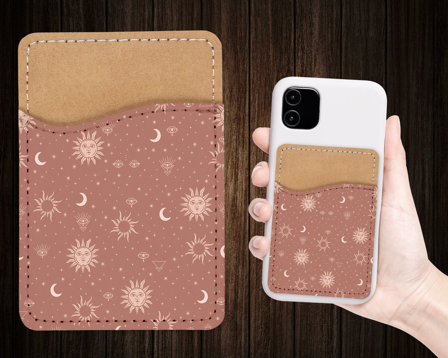 Esoteric Phone Wallet - Sun and Moon Adhesive PU Leather Card Holder For Phone - Custom Gift - Stick on Pocket - Card Caddy