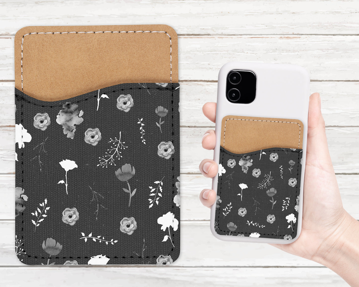 Flower Pattern Phone Wallet - Adhesive PU Leather Card Holder For Phone  - Custom Gift - Stick on Pocket - Card Caddy
