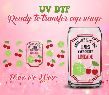 UV DTF Cup Wrap - Ready to Transfer  Cherry Limeade DIY 16oz and 20oz Prints - Libbey Glass Can - Customizable