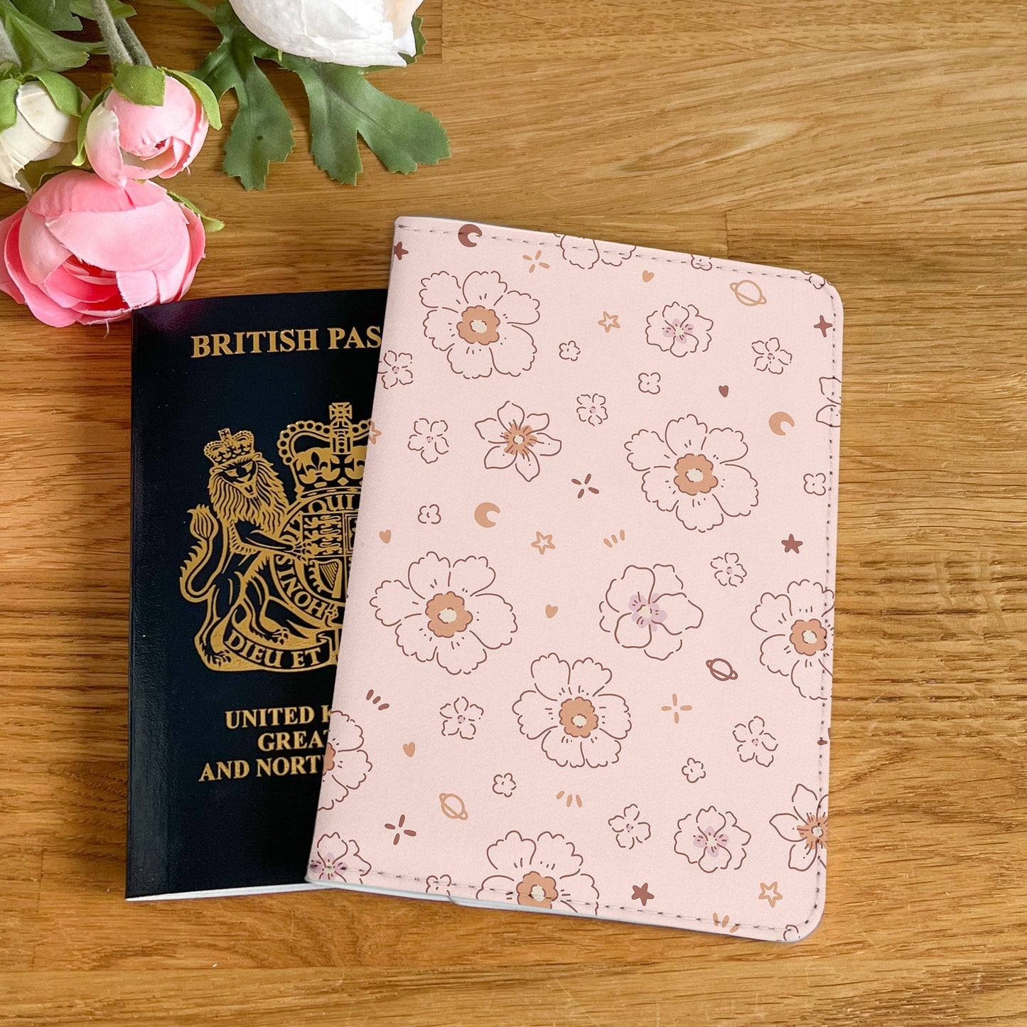 Nude Flower Design Passport Cover - PU Leather Wallet Card Holder For Document - Custom Gift