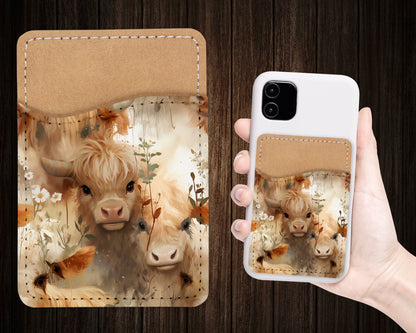 Highland Cow Design Phone Wallet - Adhesive PU Leather Card Holder For Phone  - Custom Gift - Stick on Pocket - Card Caddy