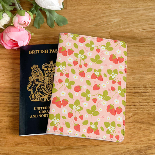 Strawberry and Flower Design Passport Cover - PU Leather Wallet Card Holder For Document - Custom Gift