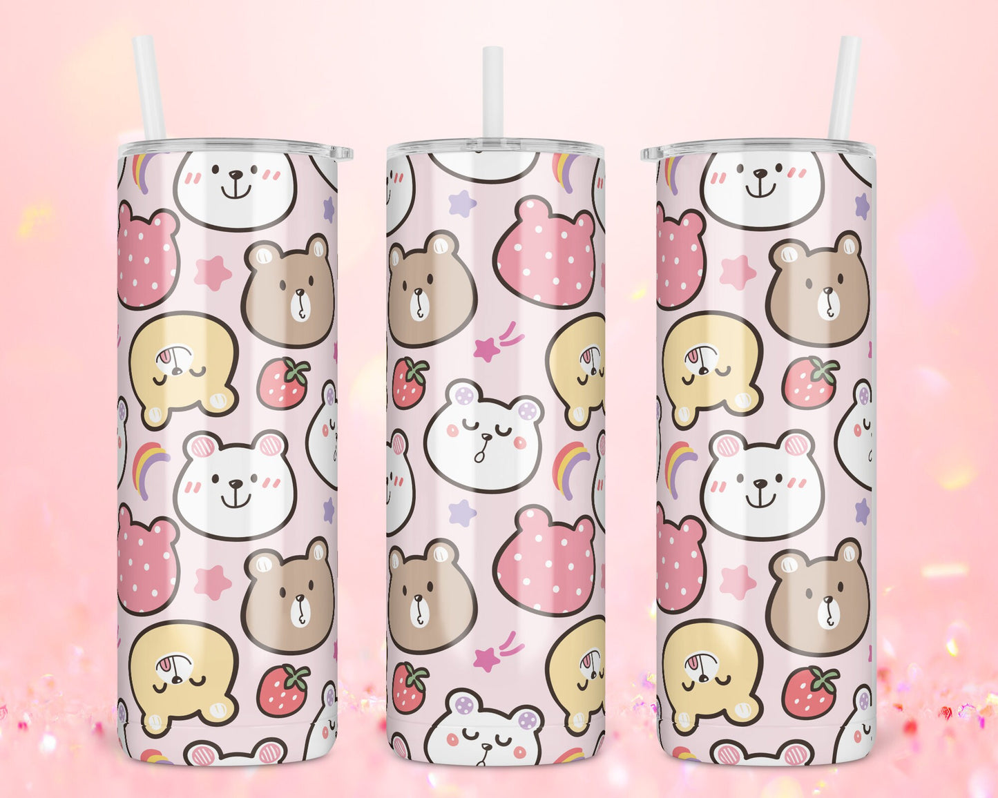Kawaii Personalized 20oz Skinny Tumbler - Cute Bears Bottle - Custom Design Travel Mug - Gift