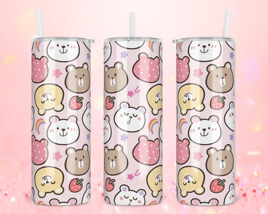 Kawaii Personalized 20oz Skinny Tumbler - Cute Bears Bottle - Custom Design Travel Mug - Gift