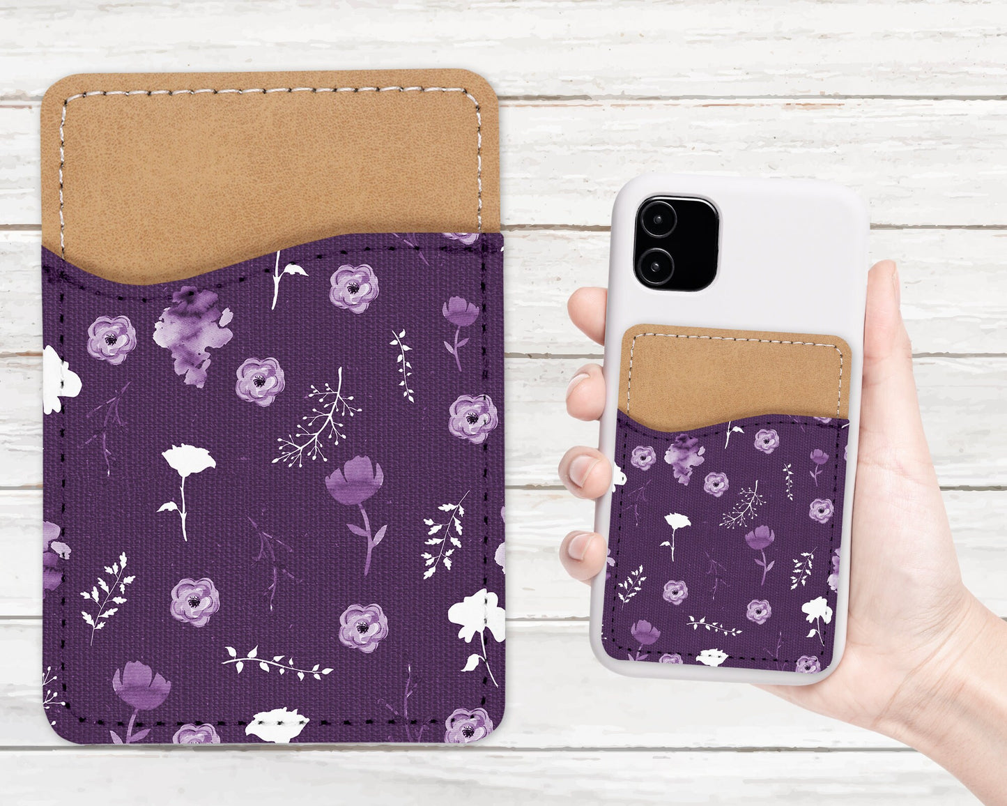 Flower Pattern Phone Wallet - Adhesive PU Leather Card Holder For Phone  - Custom Gift - Stick on Pocket - Card Caddy
