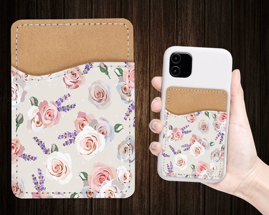 Cream Flower Pattern Phone Wallet - Adhesive PU Leather Card Holder For Phone - Custom Gift - Stick on Pocket - Card Caddy