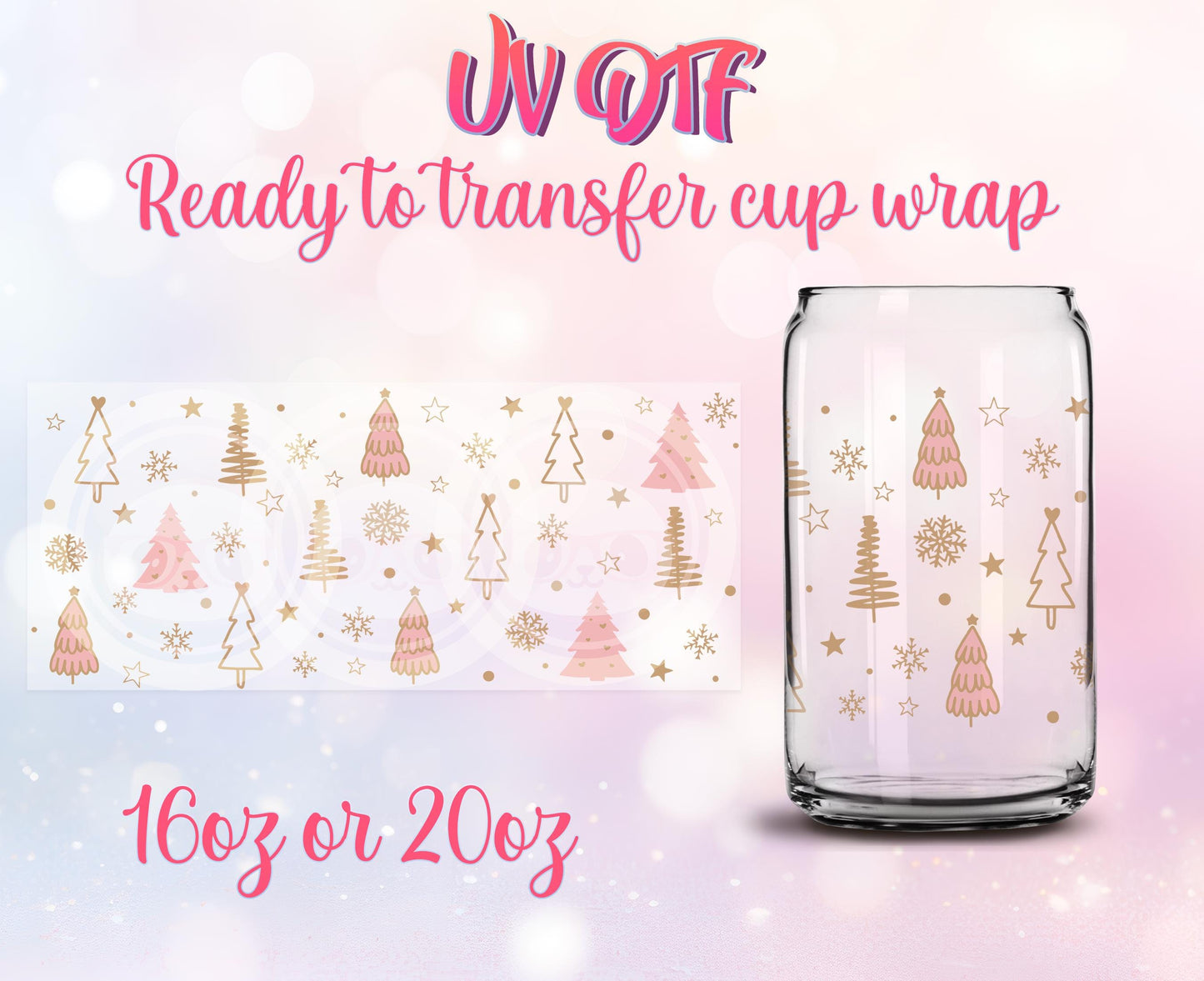UV DTF Ready to Transfer Cup Wraps - Cute Christmas Design DIY 16oz and 20oz Prints - Libbey Glass Can - Customizable