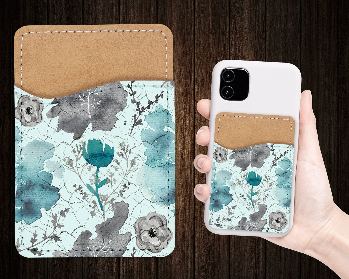 Watercolor Flower Pattern Phone Wallet - Adhesive PU Leather Card Holder For Phone  - Stick on Pocket - Card Caddy - Custom Gift