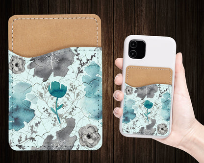Watercolor Flower Pattern Phone Wallet - Adhesive PU Leather Card Holder For Phone  - Stick on Pocket - Card Caddy - Custom Gift
