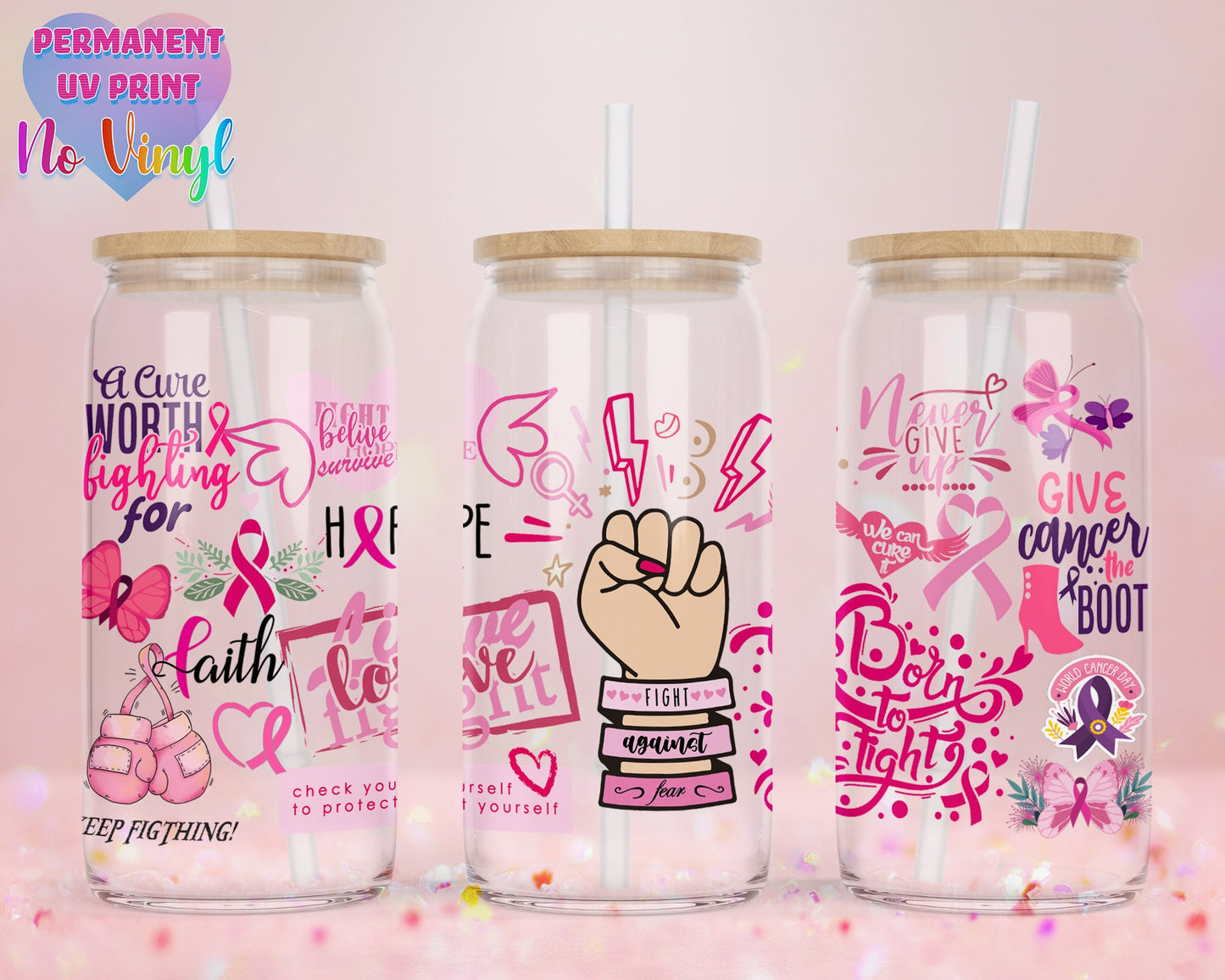 UVDTF Customized Glass Cup 16oz - Cancer Awareness Design - Clear or Frosted - Bamboo Lid - Customized Gifts