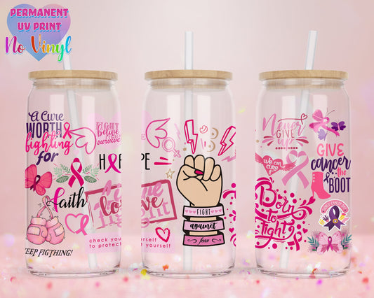 UVDTF Customized Glass Cup 16oz - Cancer Awareness Design - Clear or Frosted - Bamboo Lid - Customized Gifts