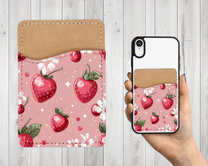 Strawberries Phone Wallet - Adhesive PU Leather Card Holder for Phone - Custom Gift - Stick on Pocket - Card Caddy