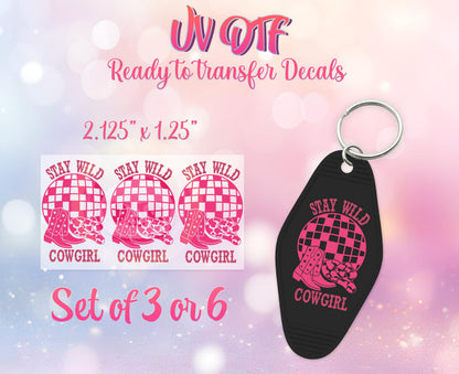 UV DTF Ready to Apply Keychain Transfers - Stay Wild Cowgirl Western Design Prints - DiY Retro Motel Keychain Decal - Customizable