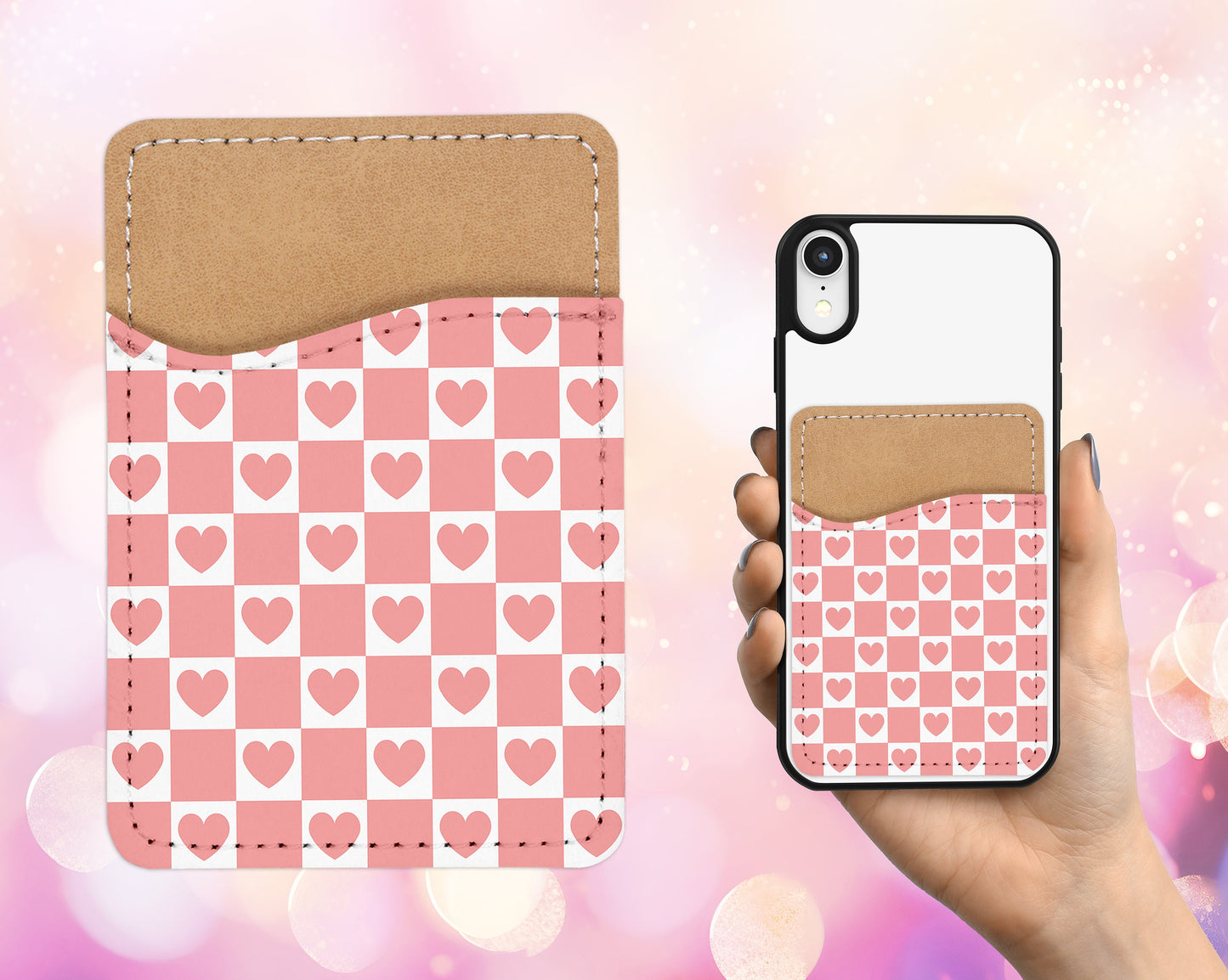 Checkered Hearts Design Phone Wallet - 70s 80s Groovy Adhesive PU Leather Card Holder For Phone - Custom Gift - Stick on Pocket - Card Caddy