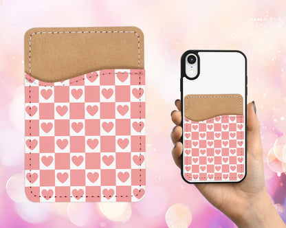 Checkered Hearts Design Phone Wallet - 70s 80s Groovy Adhesive PU Leather Card Holder For Phone - Custom Gift - Stick on Pocket - Card Caddy