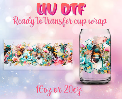 UV DTF Cup Wrap - Ready to Transfer  Bumble Bee Floral Design - 16oz and 20oz Prints - Libbey Glass Can - Customizable