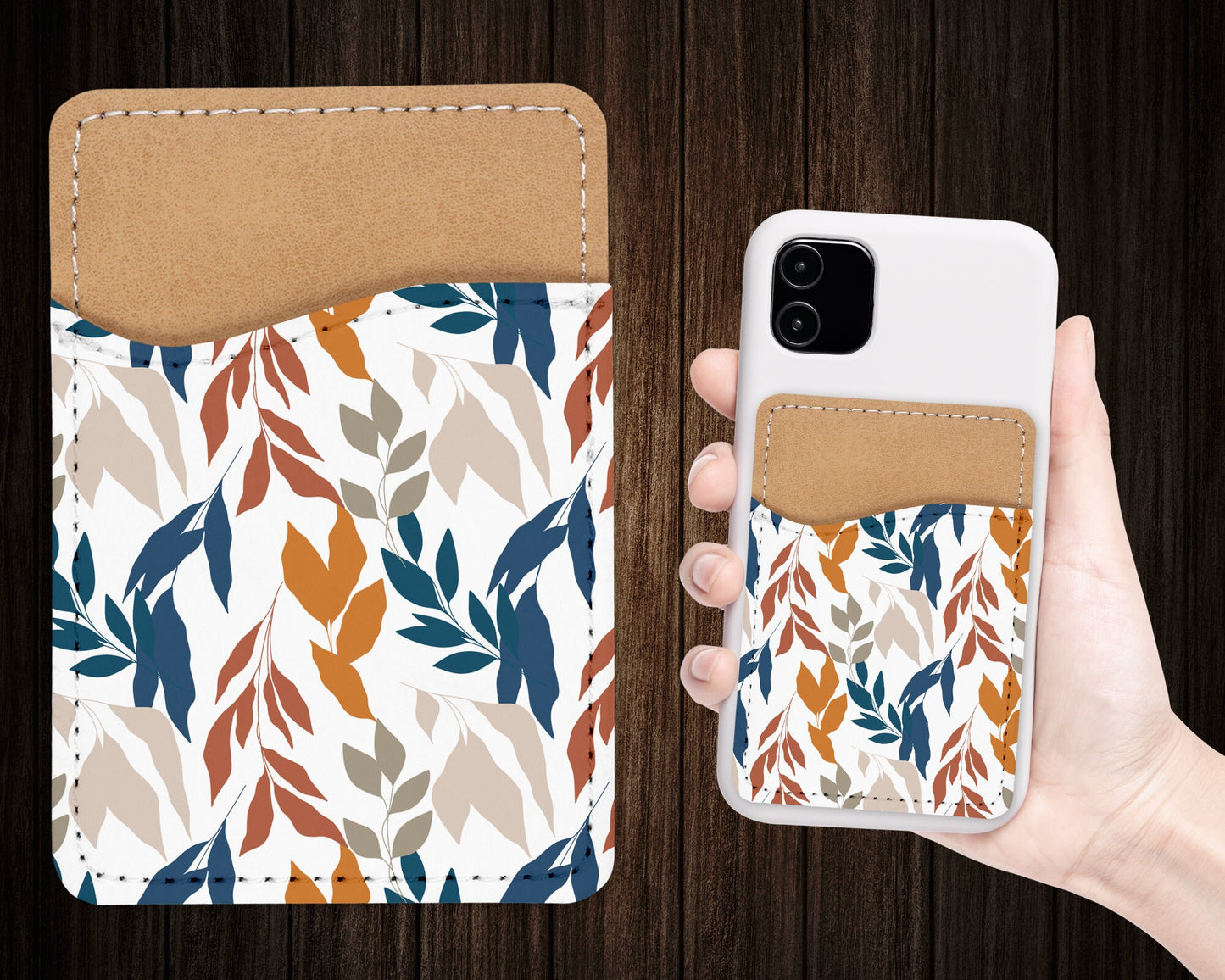 Leaves Pattern Phone Wallet - Nude Aesthetic Adhesive PU Leather Card Holder For Phone  - Custom Gift - Stick on Pocket - Card Caddy