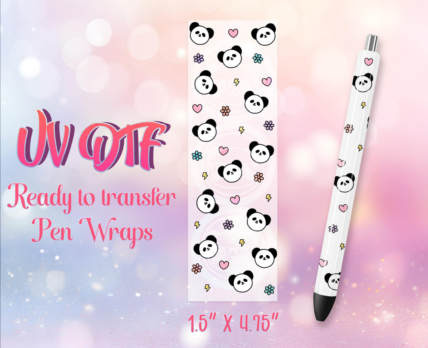 UV DTF Pen Wraps - Ready to Apply - Cute Panda Design Prints - DIY Pen Decal - Customizable