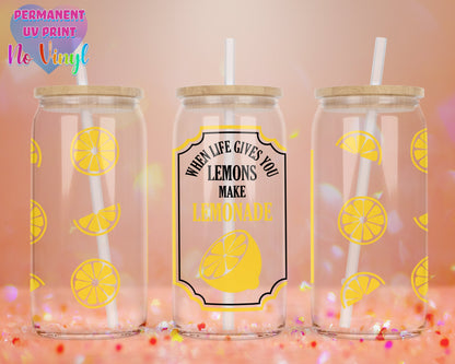 UVDTF Customized Glass Cup 16oz - When Life Gives You Lemons Make Lemonade Design - Bamboo Lid - Customized Gifts
