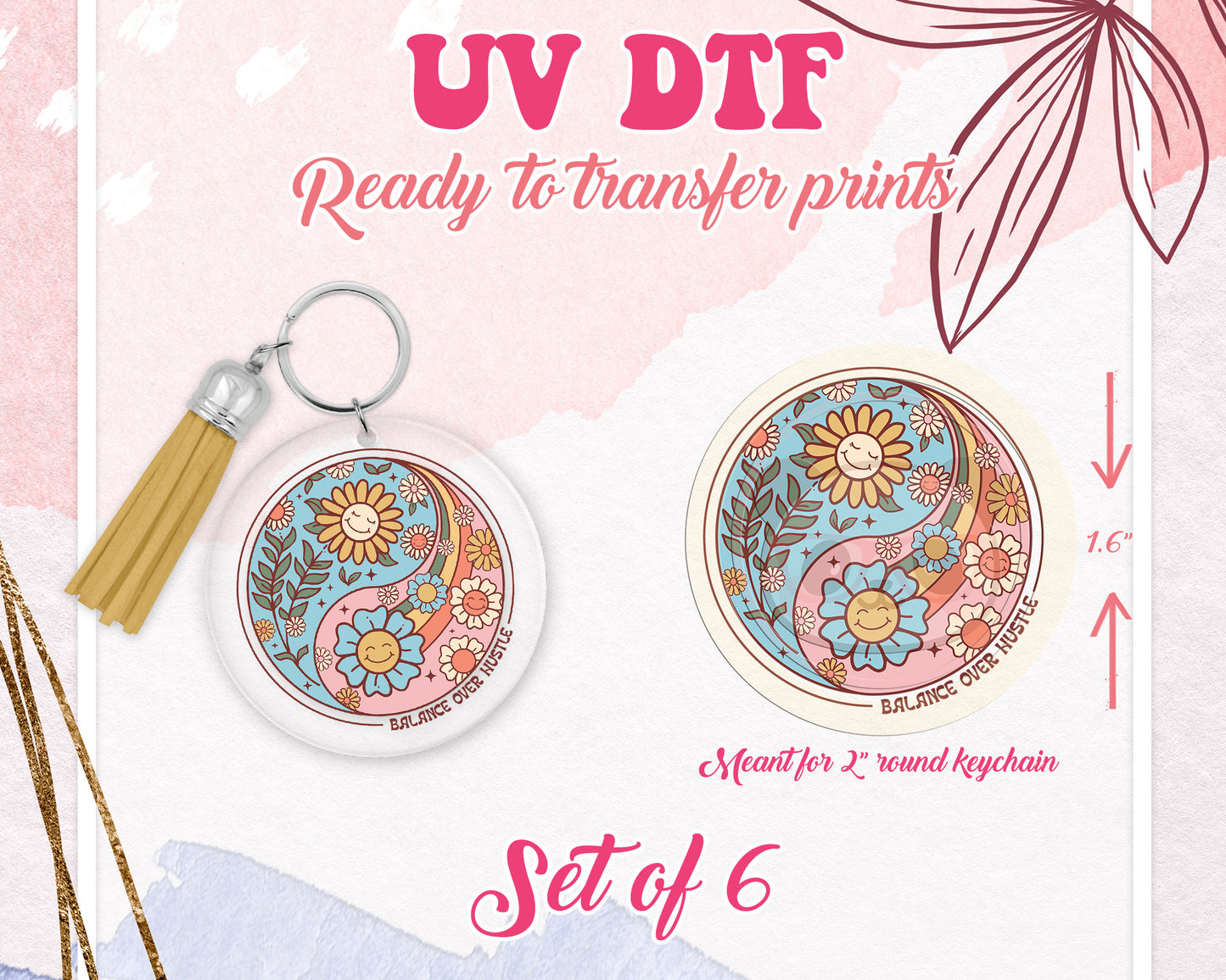 UV DTF Ready to Apply Keychain Transfers - Groovy Retro Yin Yang Design Prints - DiY - Acrylic MDF Round Keychain - Customizable