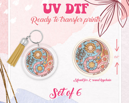 UV DTF Ready to Apply Keychain Transfers - Groovy Retro Yin Yang Design Prints - DiY - Acrylic MDF Round Keychain - Customizable