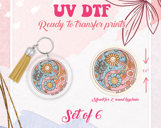 UV DTF Ready to Apply Keychain Transfers - Groovy Retro Yin Yang Design Prints - DiY - Acrylic MDF Round Keychain - Customizable