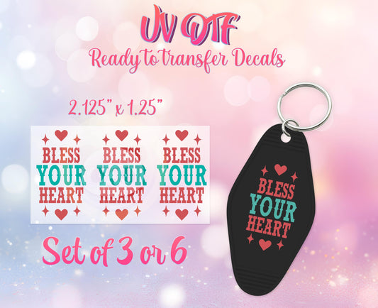 UV DTF Ready to Apply Keychain Transfers - Bless Your Heart Design Prints - DIY Retro Motel Keychain Decal - Customizable