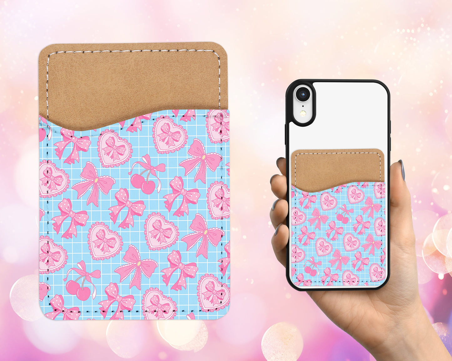 Coquette Bows Phone Wallet - Adhesive PU Leather Card Holder for Phone - Custom Gift - Stick on Pocket - Card Caddy