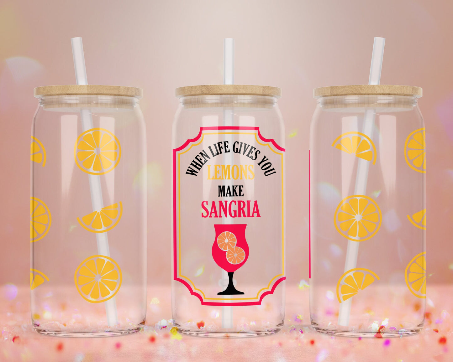 UVDTF Customized Glass Cup 16oz - When Life Gives You Lemons Make Lemonade Design - Bamboo Lid - Customized Gifts