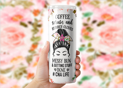 Coffee Scrubs and Rubber Gloves - Nurse CNA Health Worker Design 20oz Skinny Tumbler - Custom Design Travel Mug - Personalized Gift
