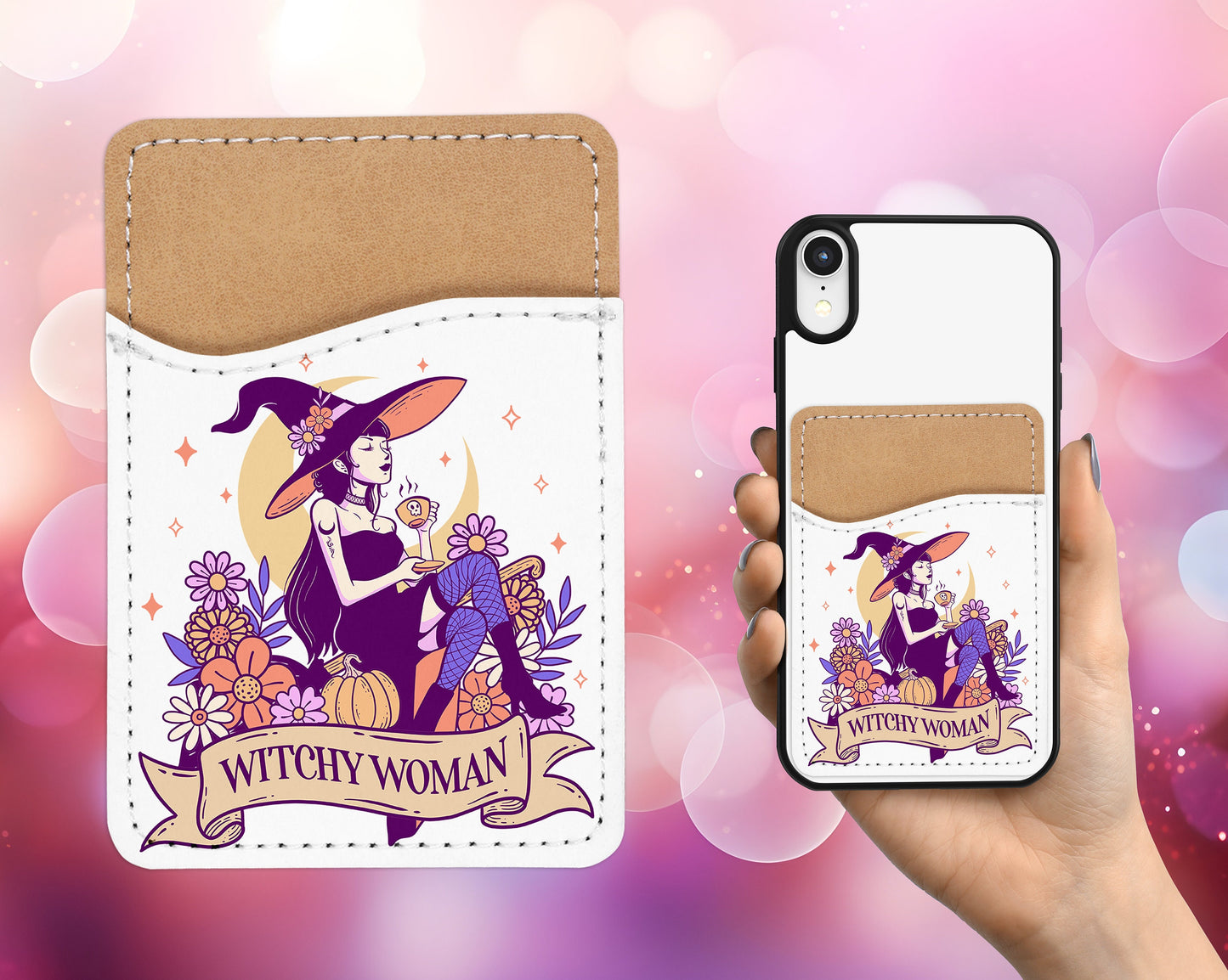 Witchy Woman Phone Wallet - Adhesive PU Leather Card Holder for Phone - Custom Gift - Stick on Pocket - Card Caddy