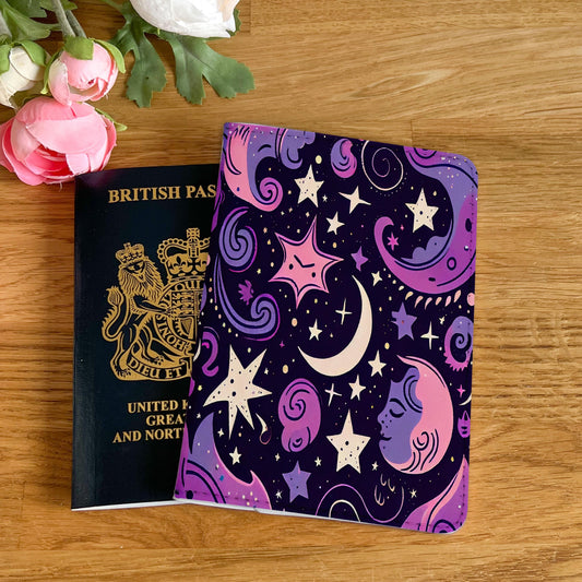 Esoteric Moon and Stars Design Passport Cover - PU Leather Wallet Card Holder For Document - Custom Gift