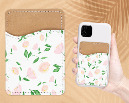 Flower Pattern Phone Wallet - Adhesive PU Leather Card Holder For Phone  - Custom Gift - Stick on Pocket - Card Caddy