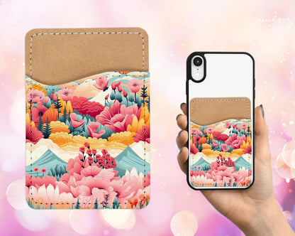 Mystic Floral Mountain Phone Card Holder - Pink Yellow Nature Aesthetic Adhesive Wallet for Phone
