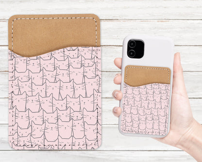 Cute Cat Pattern Phone Wallet - Adhesive PU Leather Card Holder For Phone  - Custom Gift - Stick on Pocket - Card Caddy