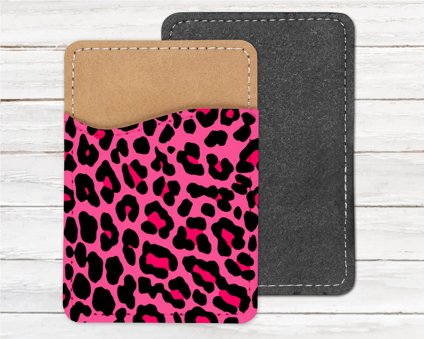 Cute Pink Leopard Phone Wallet - Adhesive PU Leather Card Holder For Phone - Animal Print Custom Gift - Stick on Pocket - Card Caddy