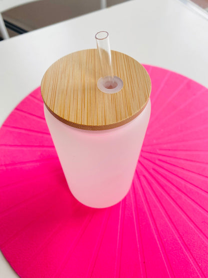 Blank Sublimation Beer Can Glass - Blank 16oz Glass - Soda Can Cup with Bamboo Lid and Straw - Tempered Borosilicate Glass