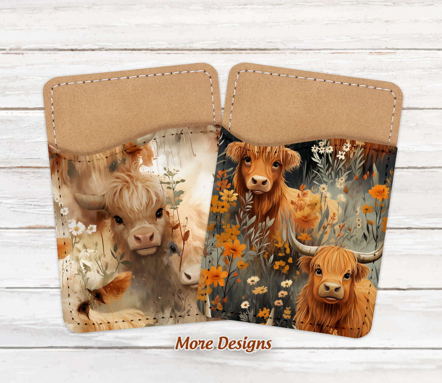 Highland Cow Design Phone Wallet - Adhesive PU Leather Card Holder For Phone  - Custom Gift - Stick on Pocket - Card Caddy